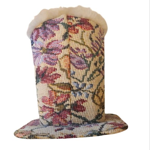 VINTAGE Eyeglasses Holder‎ Tableside Lined In Faux Fur Floral Brocade - Picture 3 of 8